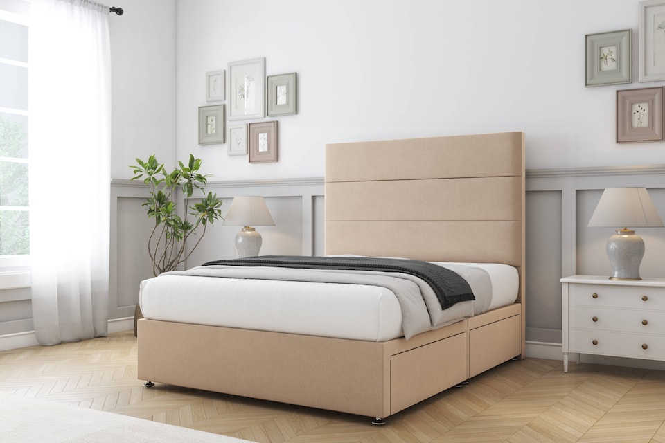 image 1 of Sloomy Texas Pebble Plush Divan Bed Base 2 Drawers Foot-End With 54 Inch Floor Standing Headboard | Brown | Pebble | Super King | 1