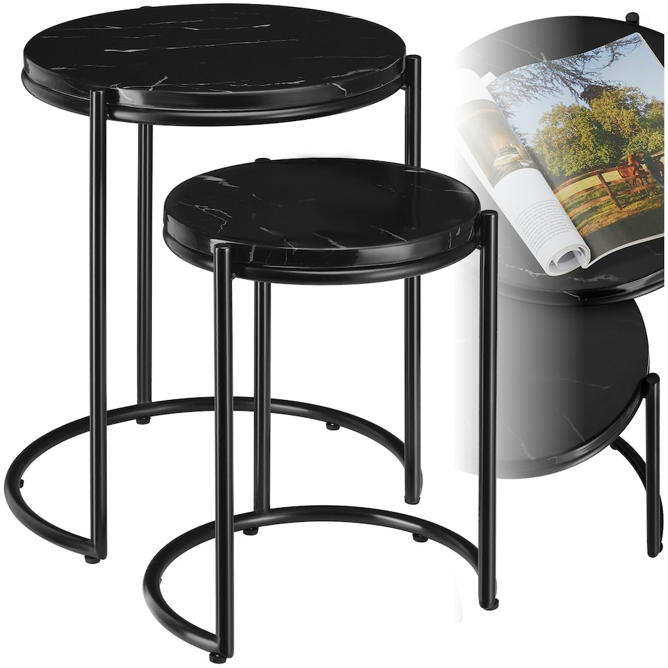 image 1 of Side Table Ellsa - marble top, steel frame, elegant design - Set of 2 Black