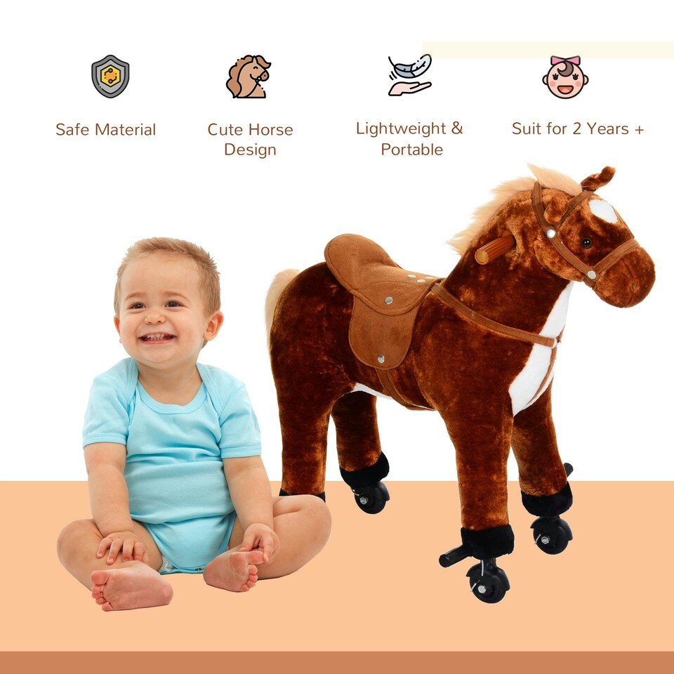 image 1 of HOMCOM Kids Walking Ride on Horse Toy Plush Walk Pony with Wheels Sound