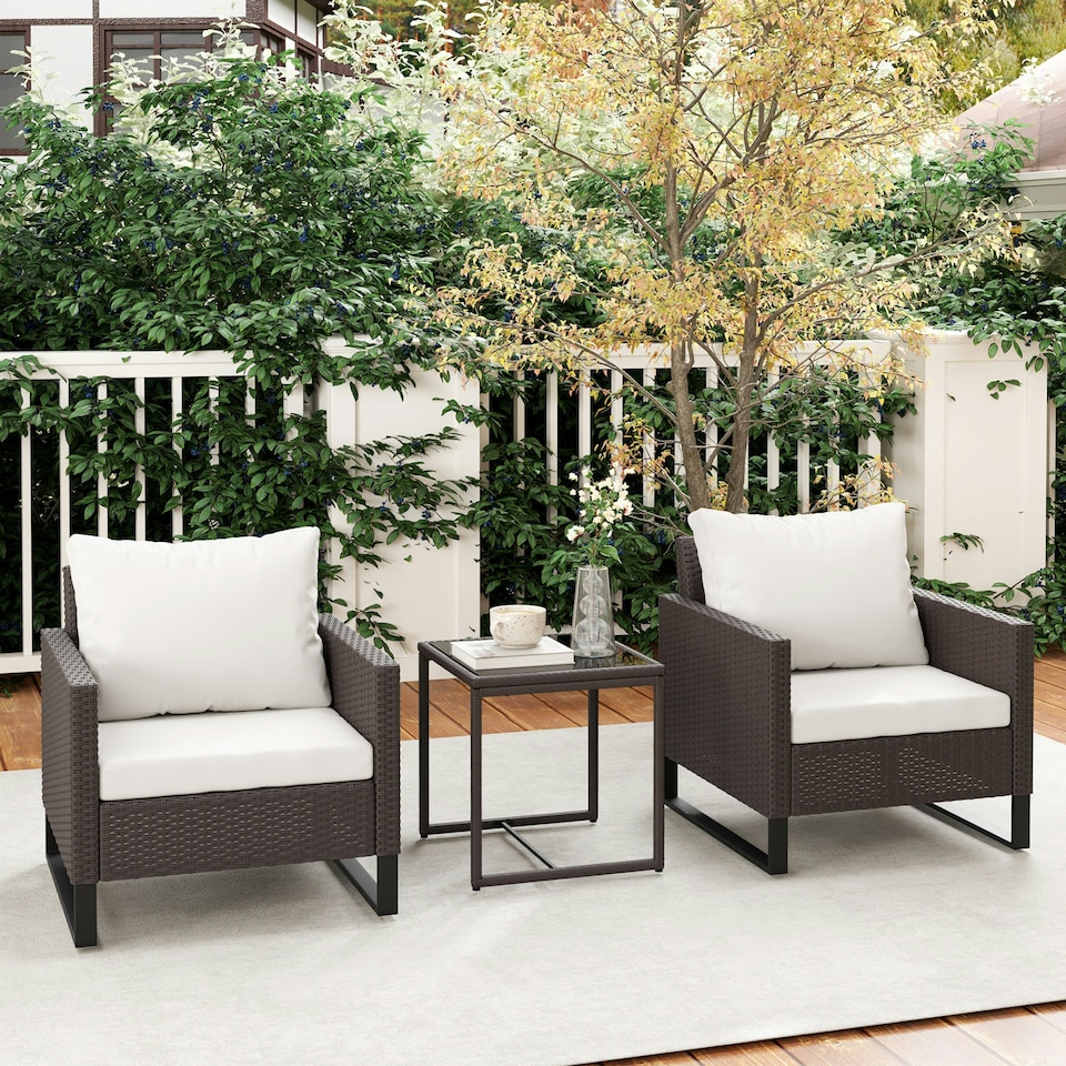 image 1 of Outsunny 3PCS Rattan Bistro Glass Top Table and Chairs Set with 4 Cushions