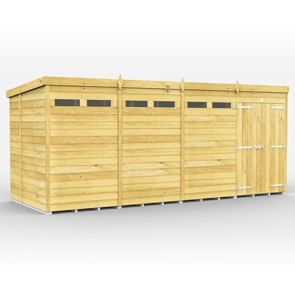 image 1 of 16 x 6 Feet Pent Security Shed - Double Door - Wood - L178 x W474 x H201 cm Brown