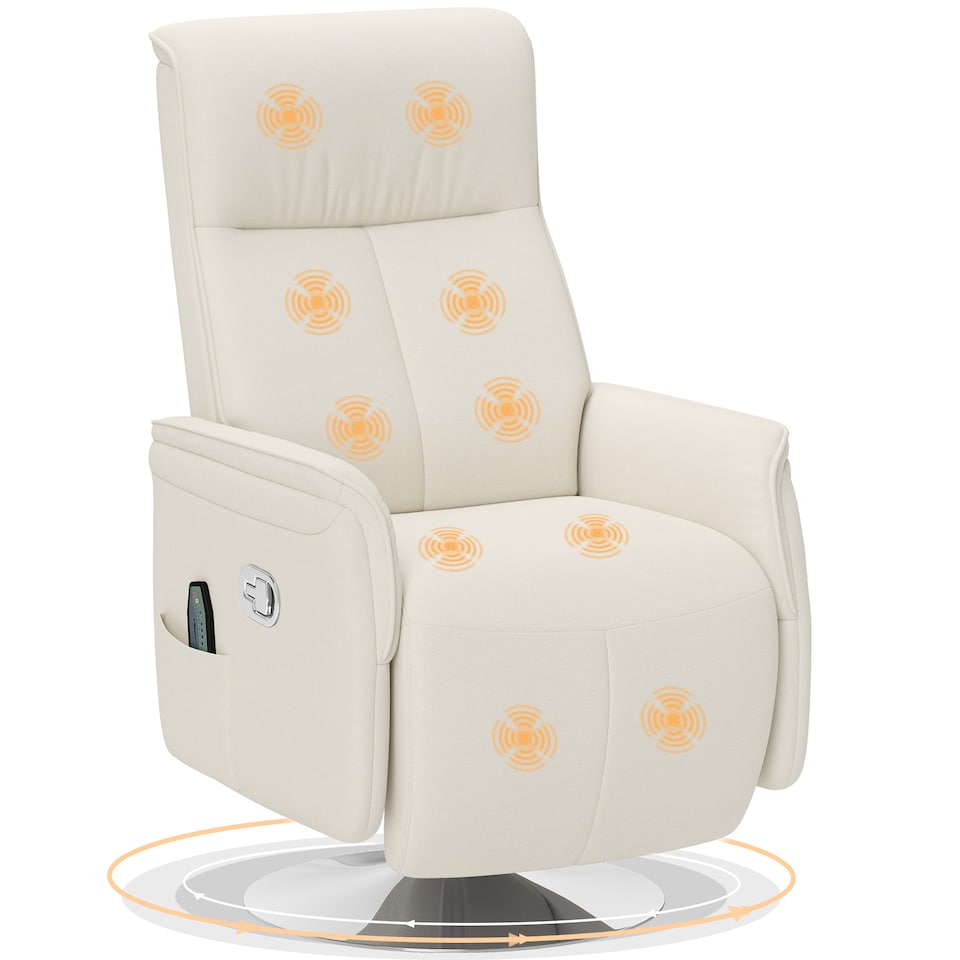 image 1 of HOMCOM Massage Recliner Chair with Footstool, Upholstered Reclining Armchair with Adjustable Backrest and Steel Frame, Breathable Linen Fabric Swivel Chair for Living Room, Bedroom, Cream White | Cream | Cream