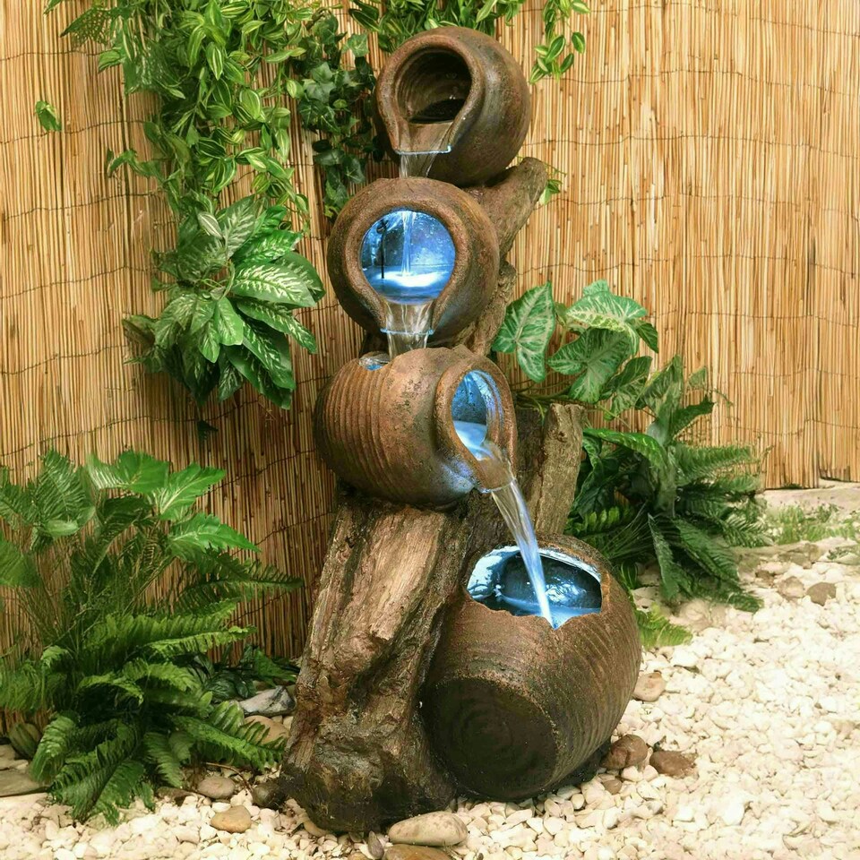 image 1 of Primrose 4 Tier Oil Jar Cascading Outdoor Patio Water Feature with Lights 81cm