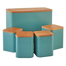 Cooks Professional 5 Piece Square Kitchen Storage Cannister Set with Bamboo Lids | Blue | Teal
