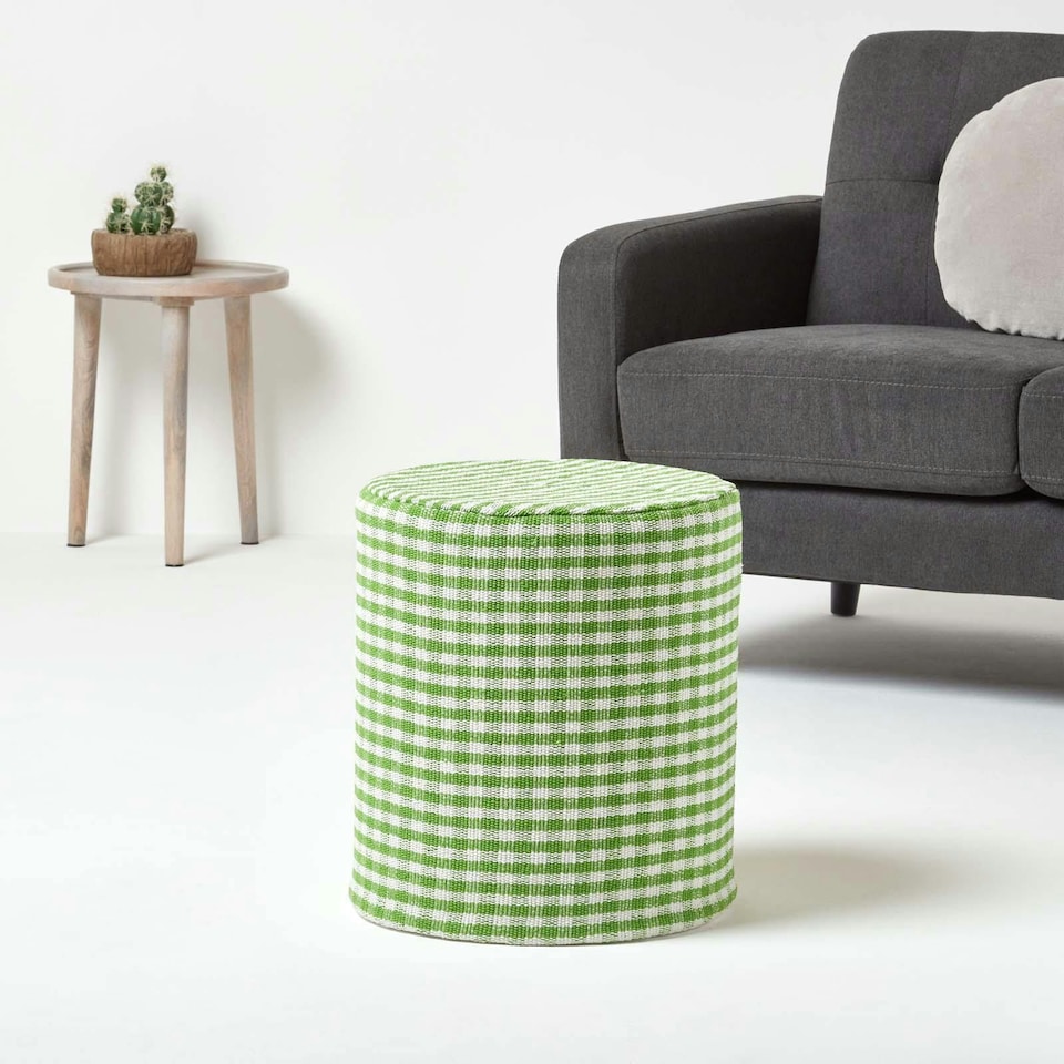 image 1 of Homescapes Green Gingham Check Round Pouffe Cotton - 40 x 42 cm | Green | 40 x 40 x 42 cm