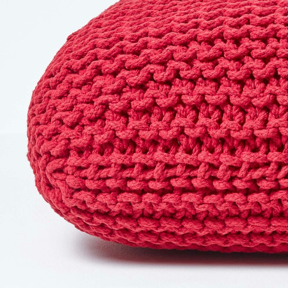 image 1 of Homescapes Red Square Cotton Knitted Pouffe Floor Cushion | Red | 70 x 20 cm