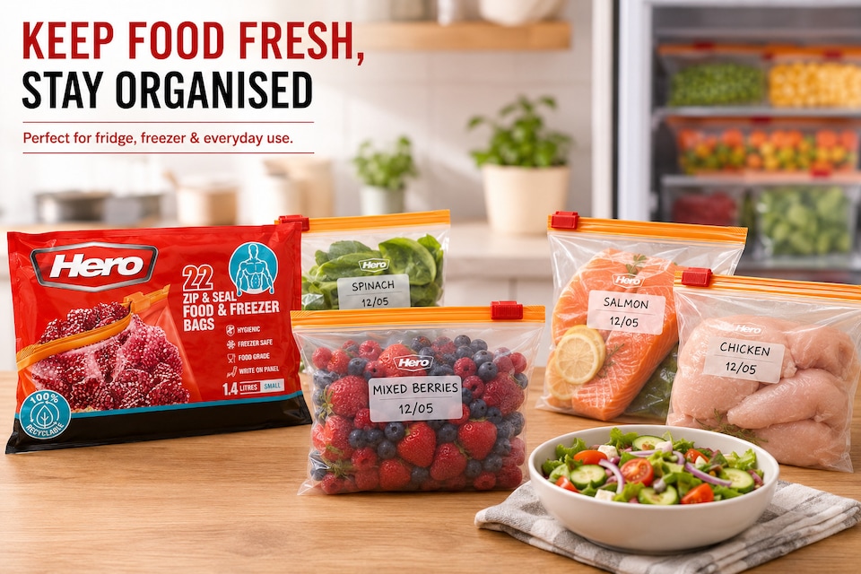 image 1 of Hero Zip Seal Food & Freezer Bags Small 1.4L – 22 Reusable BPA Free Zip Lock Food Storage Bags for Sandwiches, Fruit, Meat, Vegetables, Snacks & Travel | Clear | Clear | 1.4L | 22