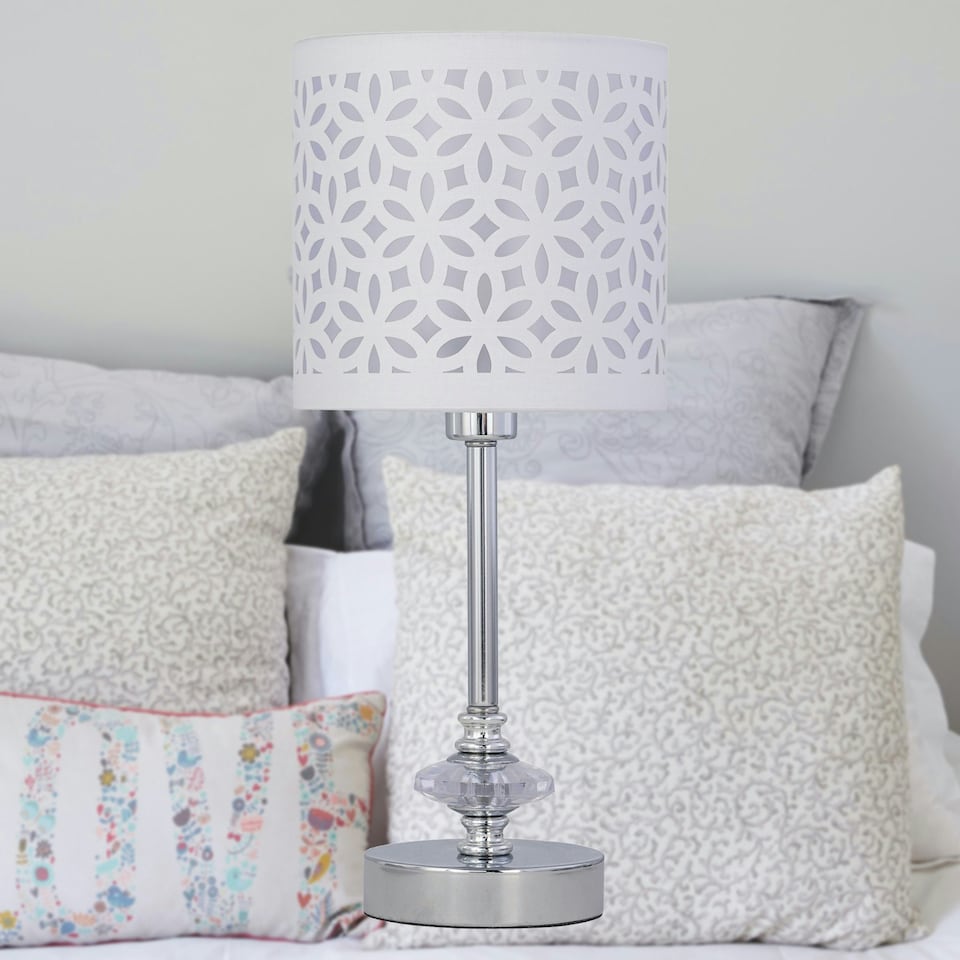 image 1 of First Choice Lighting Chrome Jewelled Table Lamp with White Cut Out Shade Chrome | White