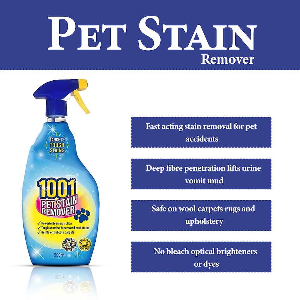 image 1 of 1001 Pet Stain Remover Spray 500ml Fast Acting Carpet and Upholstery Cleaner for Dog Cat Urine Vomit Faeces Mud Pet Stains