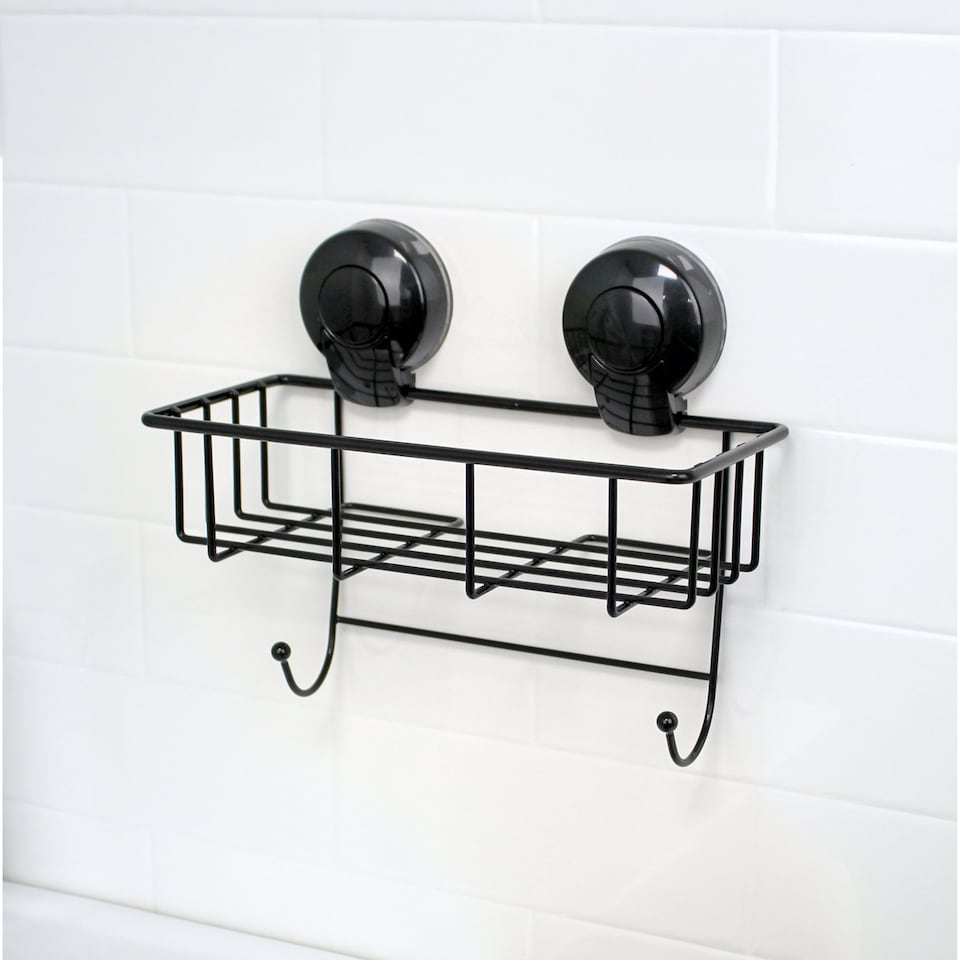 image 1 of Showerdrape Suctionloc Black Suction Wall Mounted Rectangular Basket with Mounting Discs | Black | 1