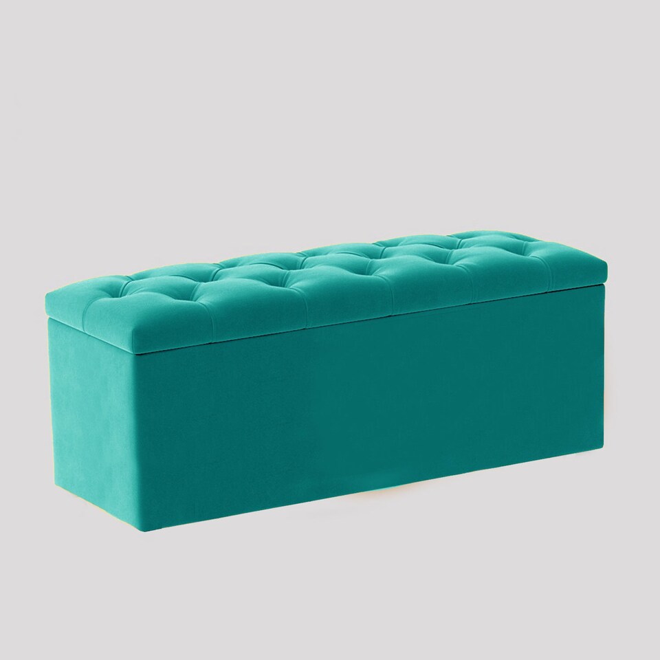 image 1 of 90cm Luna Chesterfield Ottoman Storage Box - Teal Plush Velvet Upholstered Blanket Box
