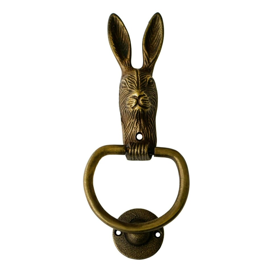 image 1 of Cast Iron Hare Door Knocker - Iron - L4 x W10.5 x H23.5 cm - Antique Brass