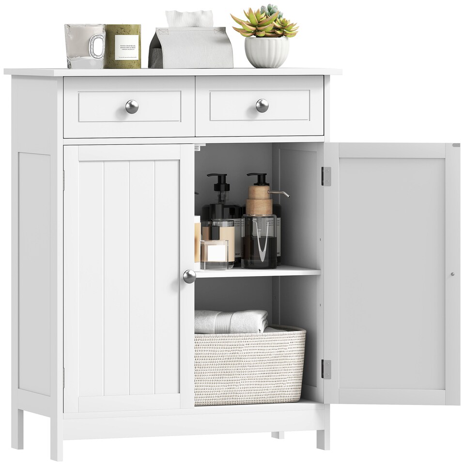 image 1 of kleankin 75x60cm Freestanding Bathroom Storage Cabinet Unit w  2 Drawers Cupboard Adjustable Shelf Metal Handles Traditional Style White