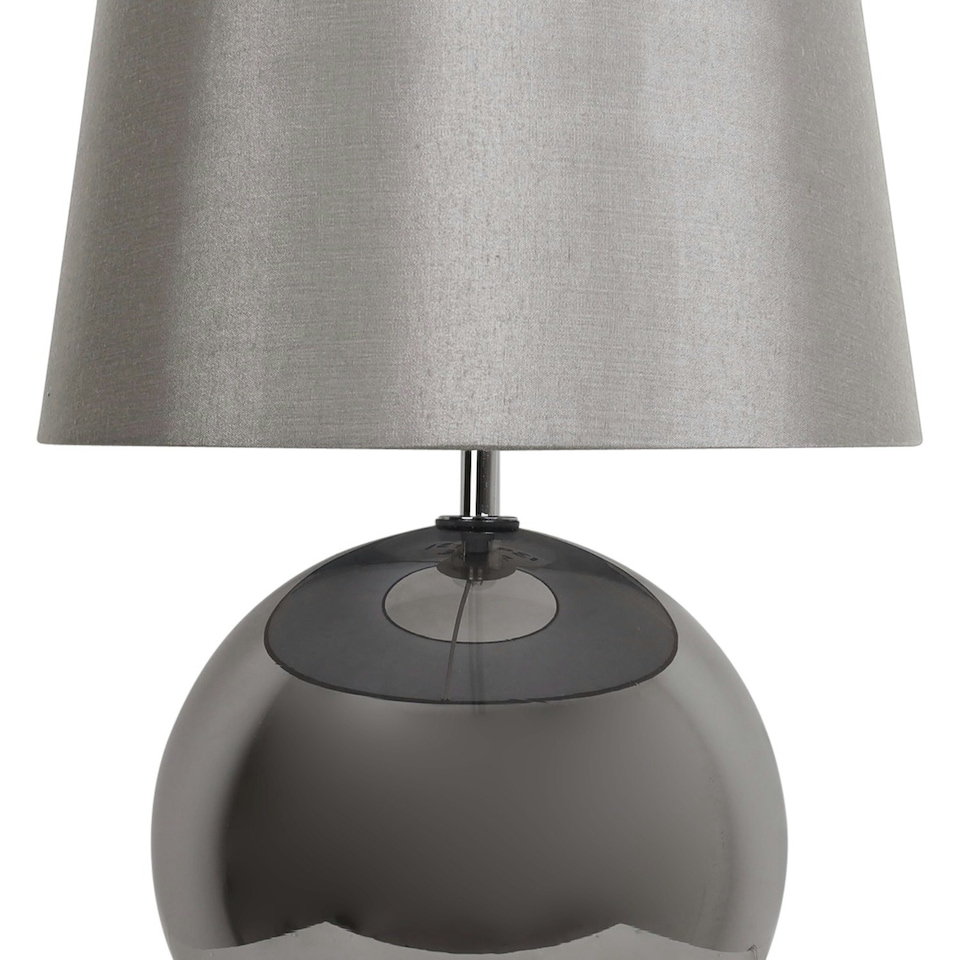 image 1 of First Choice Lighting Set of 2 Ball Smoked Glass Table Lamps with Grey Fabric Shades Grey | Grey