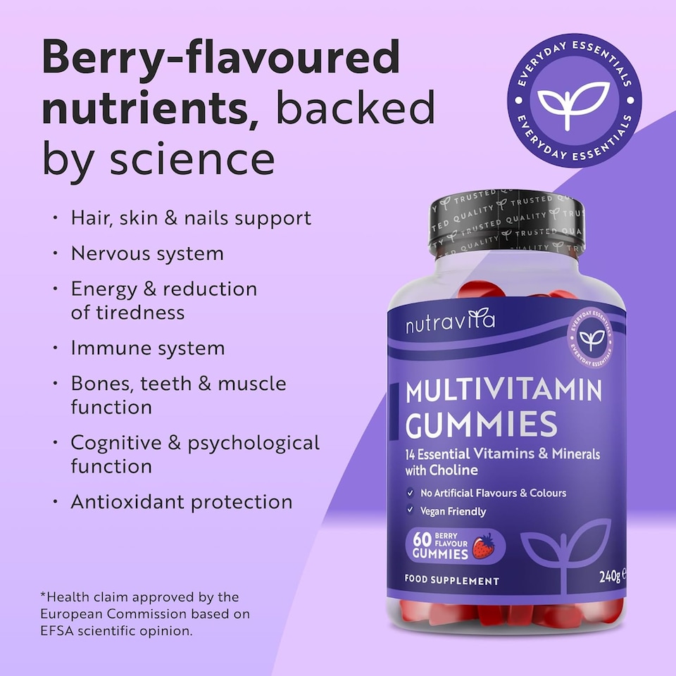 image 1 of Nutravita Vegan Multivitamin Gummies with 14 Vitamins & Minerals incl. Vitamin C D3 B12 Biotin Zinc - 60 Berry Flavour Chewable Adult Multivitamins