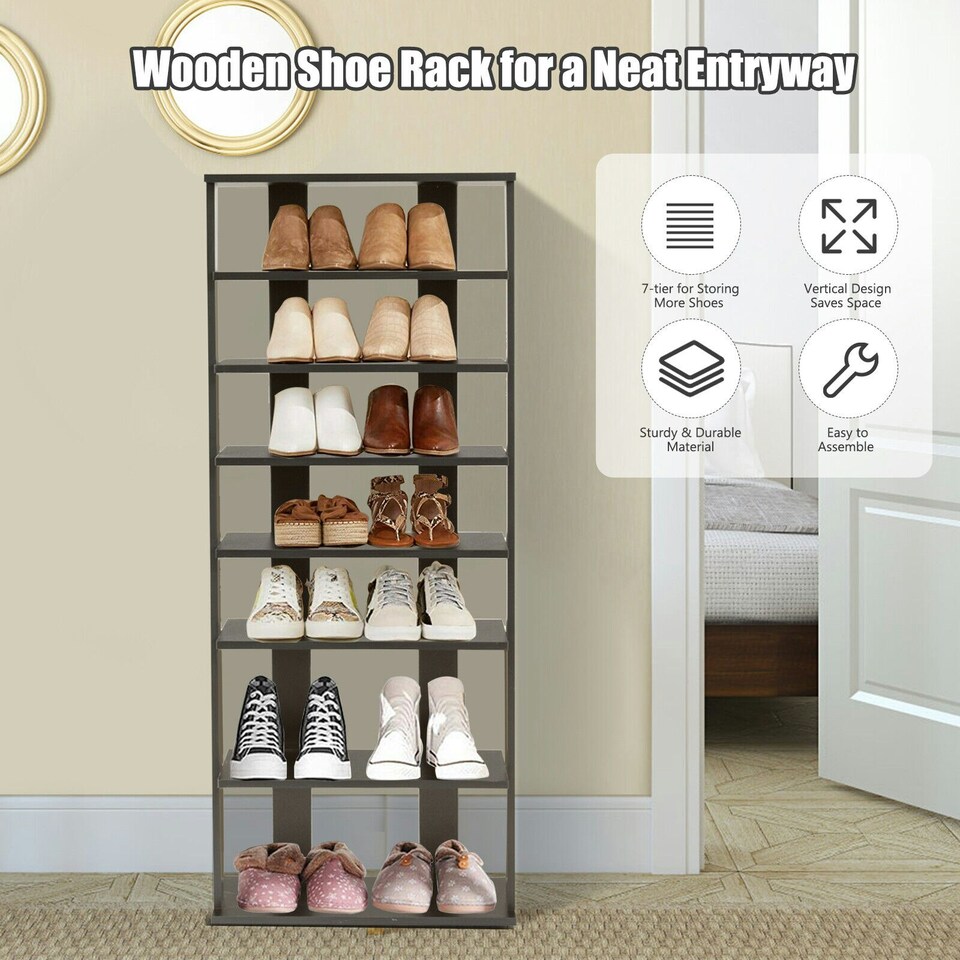 image 1 of COSTWAY 7-tier Double Shoe Storage Tower Rack Stand Black Black