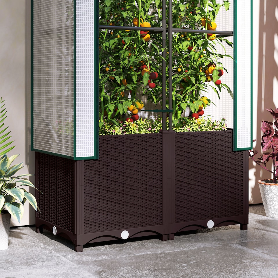 image 1 of Outsunny Plastic Vegetable Planter with Trellis, 80 x 40 x 140 cm | Brown | Brown
