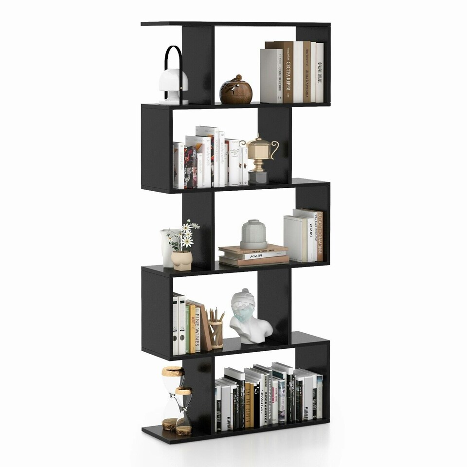 image 1 of COSTWAY 5-tier Bookcase S-Shaped Bookshelf Display Rack Black Black