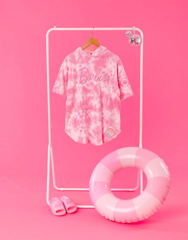 image 1 of Barbie Girls Towel Poncho | Pink Tie Dye Wearable Bath Towel For Kids | Classic Logo Graphic Hooded Changing Robe | Short Sleeve Cosy Swimwear Beach Cover Up Merchandise Gift for Children