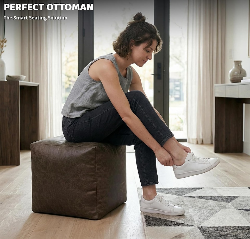image 1 of Cube Shape PU Leather Footstool Bean Bag (Chocolate,40x40x40cm)