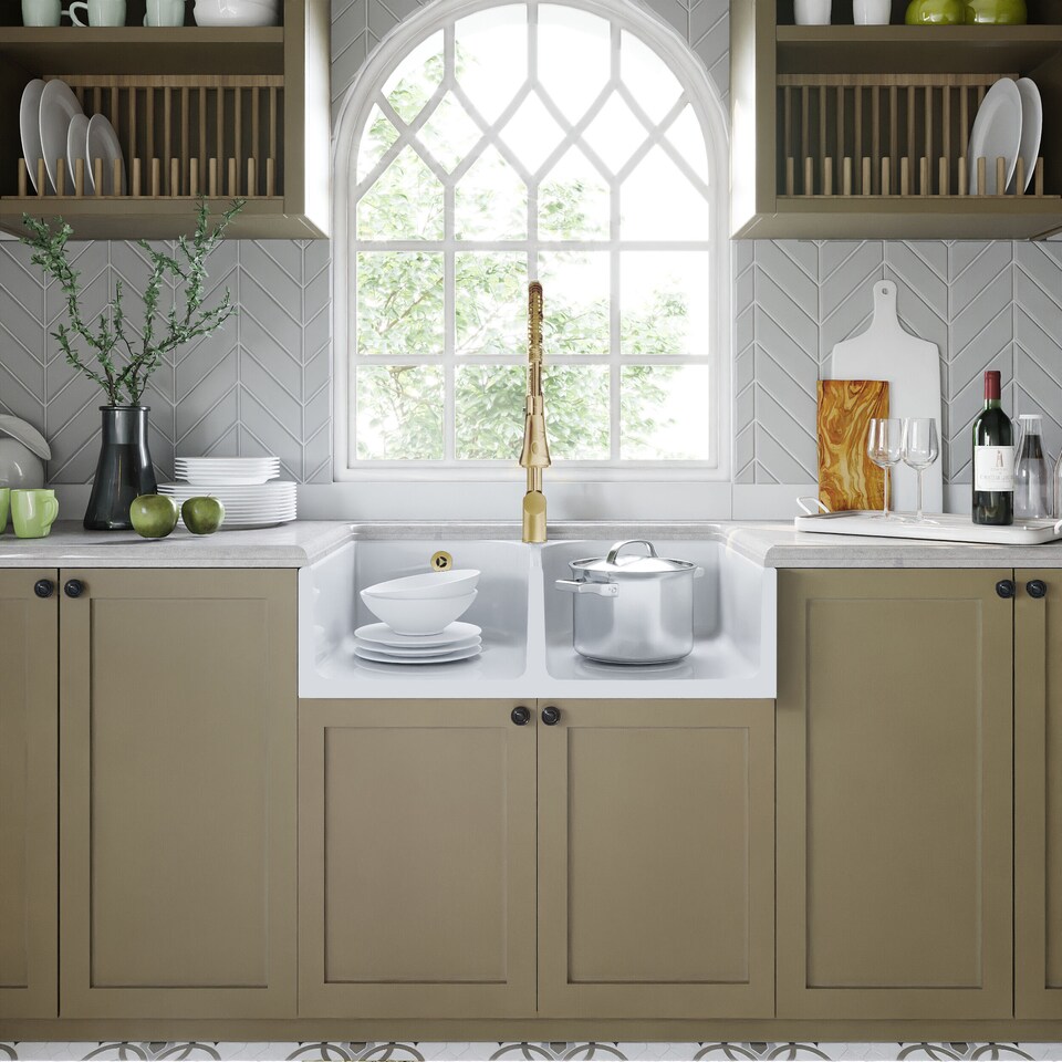 image 1 of Balterley Double Bowl Fireclay Ceramic Butler Kitchen Sink with Full Weir, Overflows & Wastes