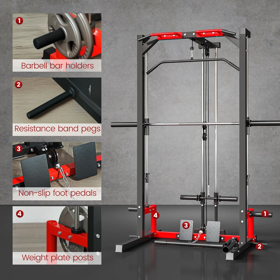 image 1 of SPORTNOW Multi-Function Power Rack, Cable Crossover Machine with Pull Up Bar, Lat Pull Down System, Squat Rack, Barbell Bar, Landmine, Plate Storage Posts, for Home Gym Workout