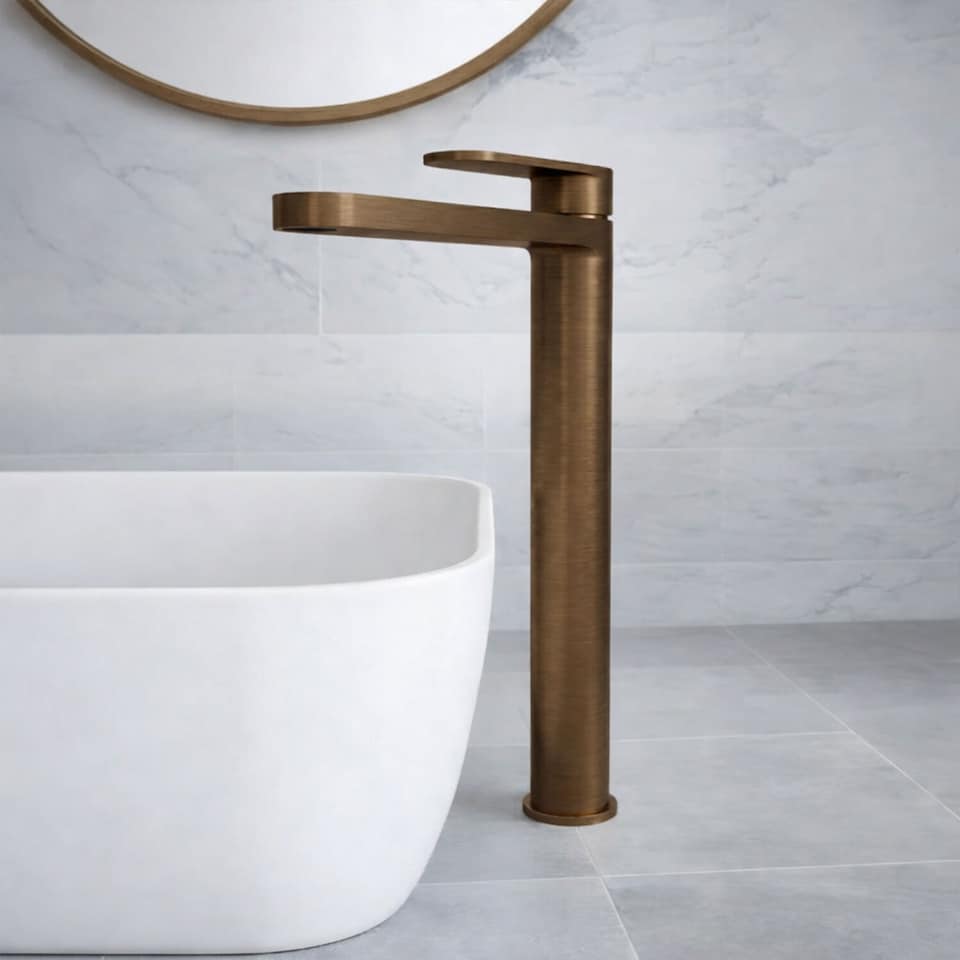 image 1 of Balterley Current Round High Rise Mono Basin Mixer Tap with Flat Spout & Cylindrical Body | Brown | Brushed Bronze | 1