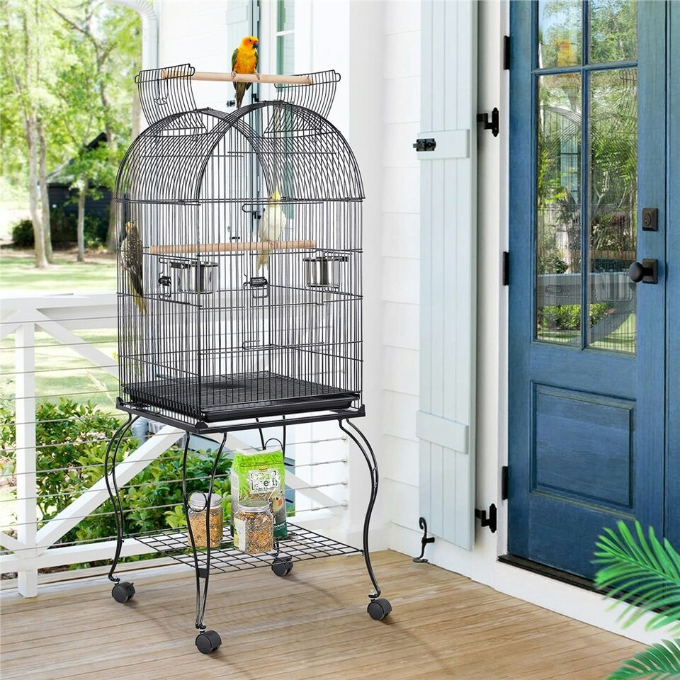image 1 of Yaheetech 150 cm Open Top Metal Bird Cage with Rolling Stand Black