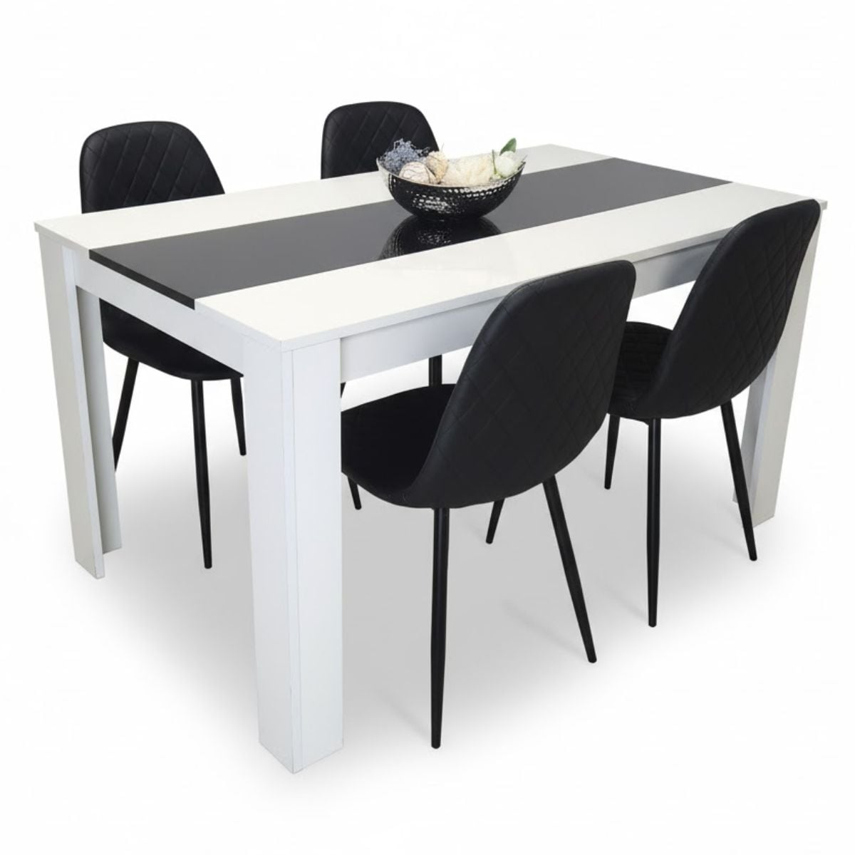 Dining Table and 4 Chairs White Black Wood 4 Faux Leather Black Chairs Dining Room