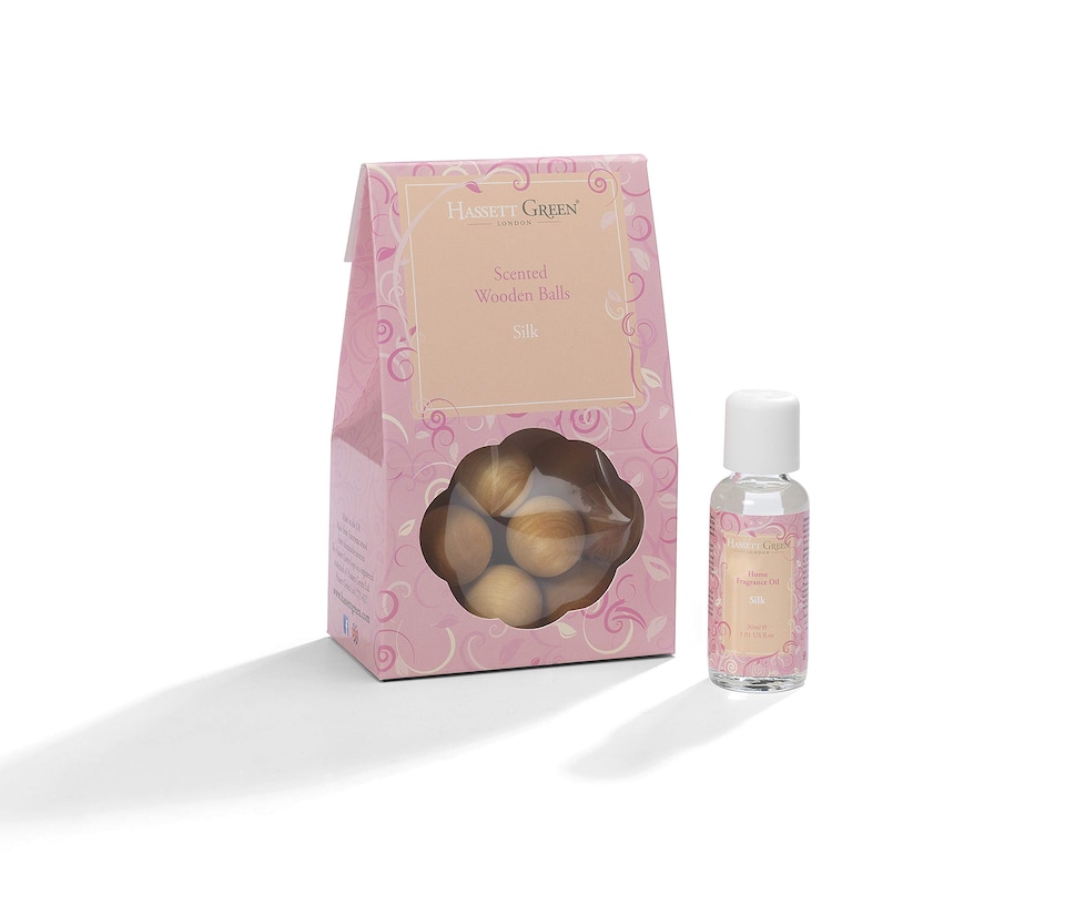 image 1 of Hassett Green London - Silk Gardenia & Freesia - Scented Wooden Balls Pack of 12 plus 30ml Bottle of Home Fragrance Oil for Refreshing - Alternative to Pot Pourri & Diffusers