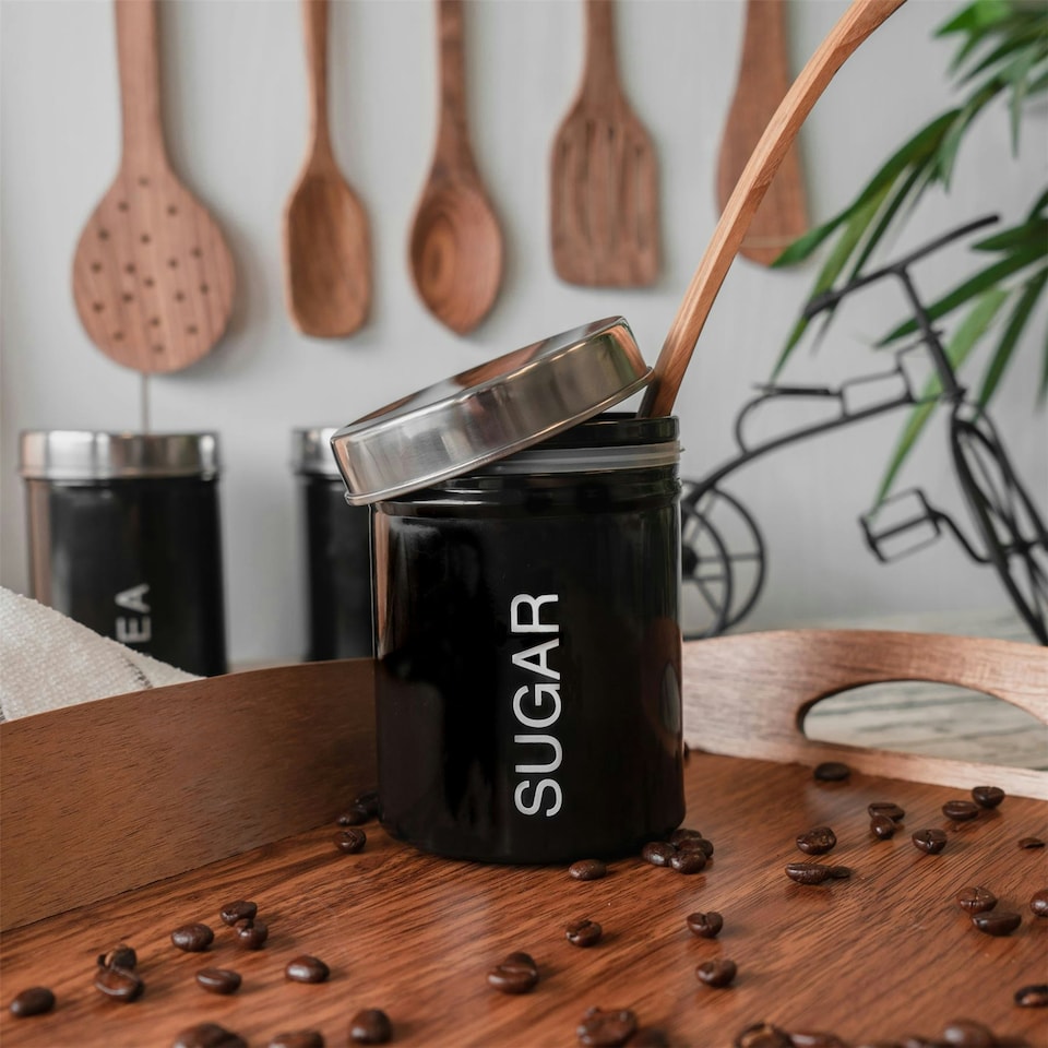 image 1 of Harbour Housewares Black Round Metal Kitchen Sugar Canister Kitchen Caddy Kitchen Storage Containers Canisters