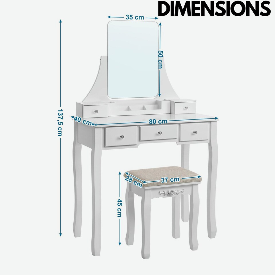image 1 of 5 Drawer White Dressing Table With Mirror And Stool White