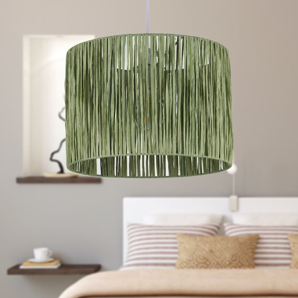 image 1 of Set of 2 Raffia - Green 28cm Straw Pendant or Lamp Shades | Green | Medium | 1