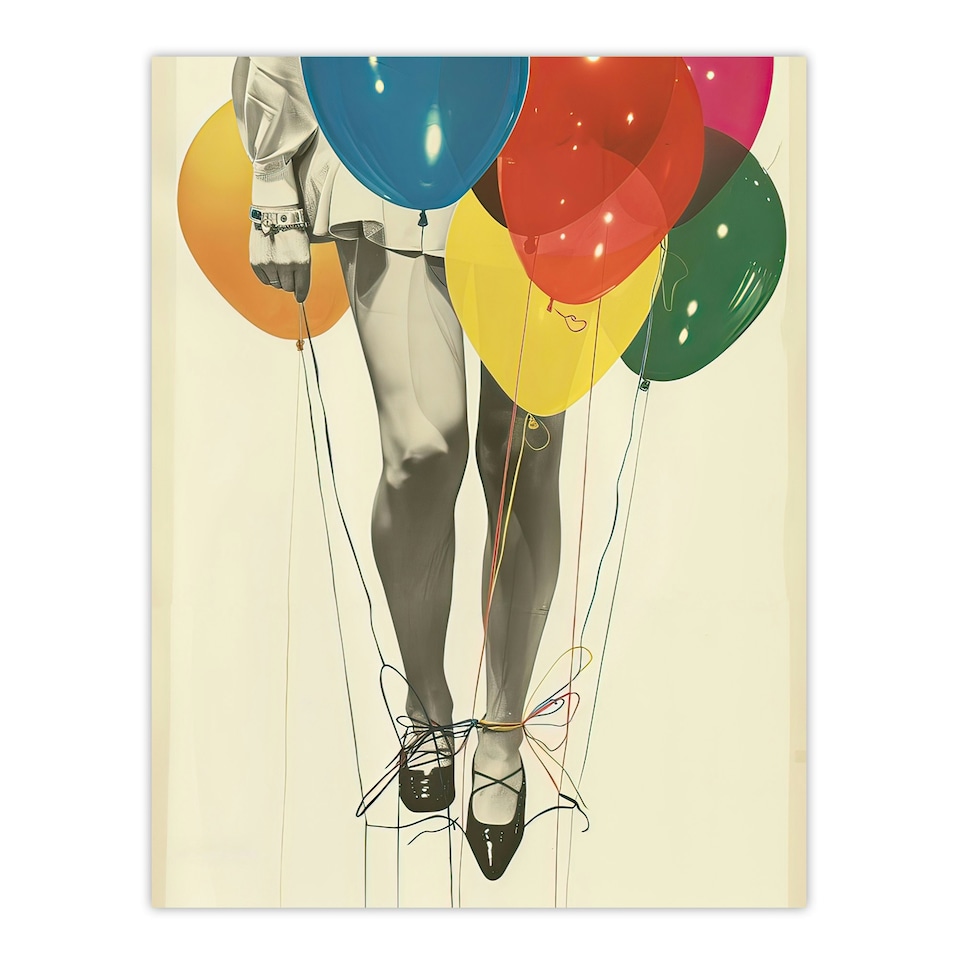 image 1 of Party Over Woman Colourful Balloons Collage Black Framed Wall Art Print A4