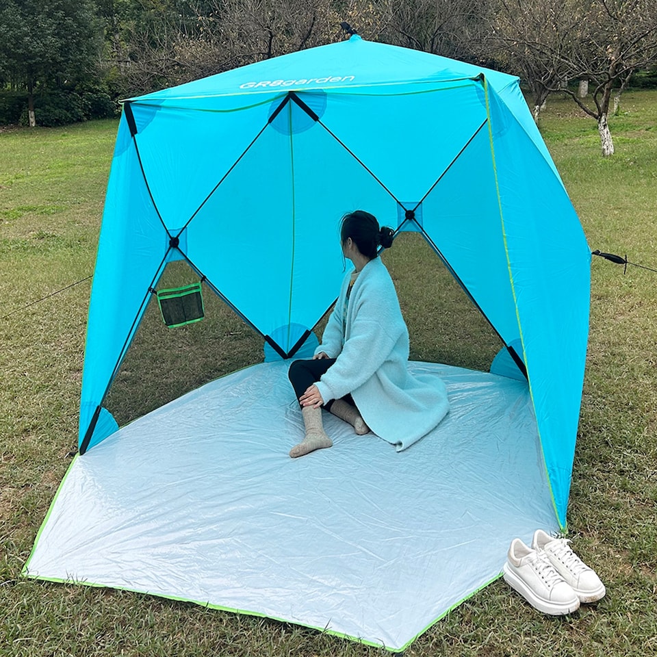 image 1 of Gr8 Garden Blue Pop Up Family Beach Tent Sun Shade Camping Shelter 3-4 Person UPF50+ UV