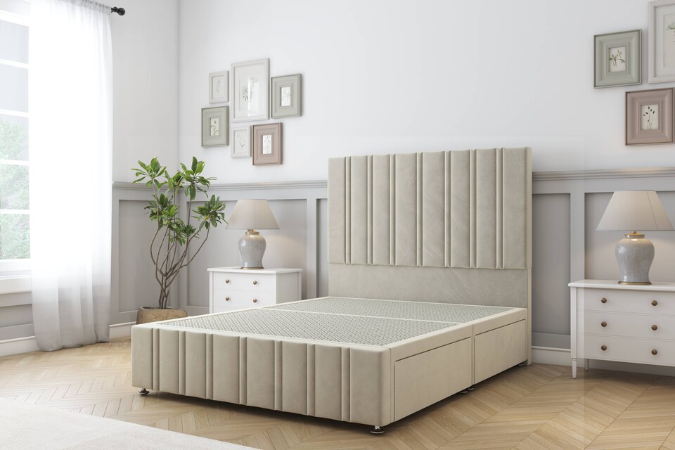 image 1 of Sloomy Langston Cream Plush Divan Bed Base 4 Drawers With 54 Inch Floor Standing Headboard & 12 Inch Matching Footboard | Cream | Cream | Small Double | 1