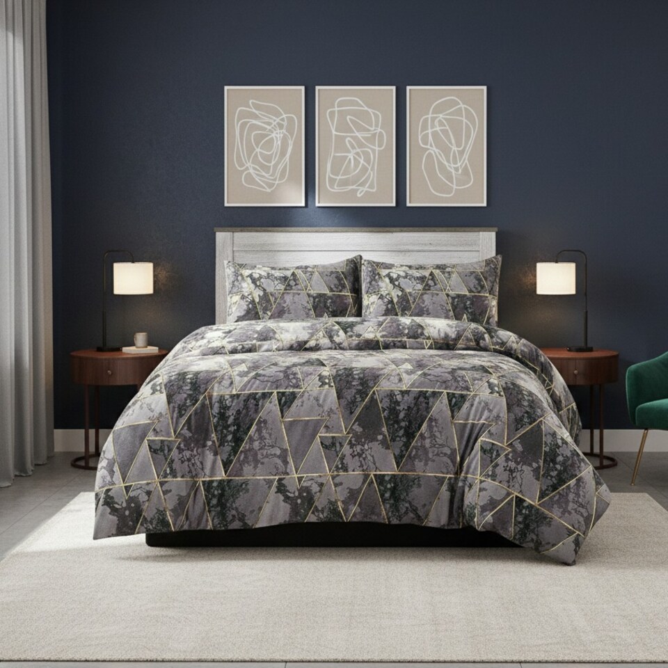 image 1 of Geometric Triangle Duvet Cover Set Stylish Easy Care Bedding with Pillowcases | Grey | Super King