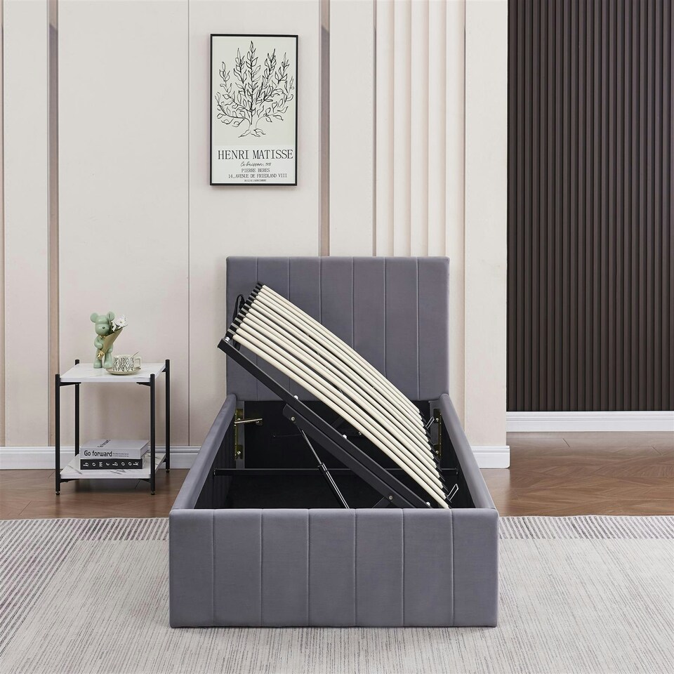 image 1 of Ottoman Storage Bed grey 3ft single and 1 mattress line pattern fabric velvet bedroom furniture