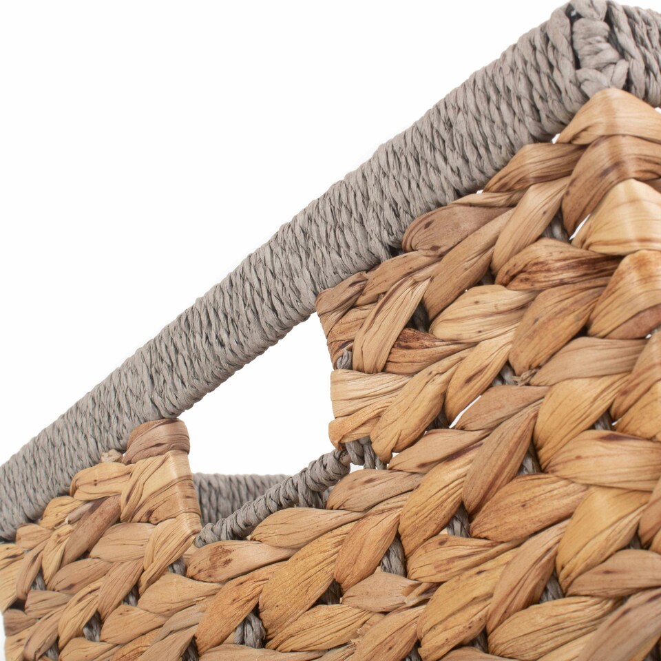image 1 of Water Hyacinth with Grey Rope Border Rectangular Storage Basket Brown | Brown | L