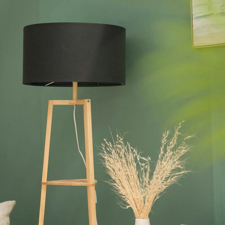 image 1 of ValueLights Hiru Wooden 3 Tier Shelf Floor Lamp Black Shade Black