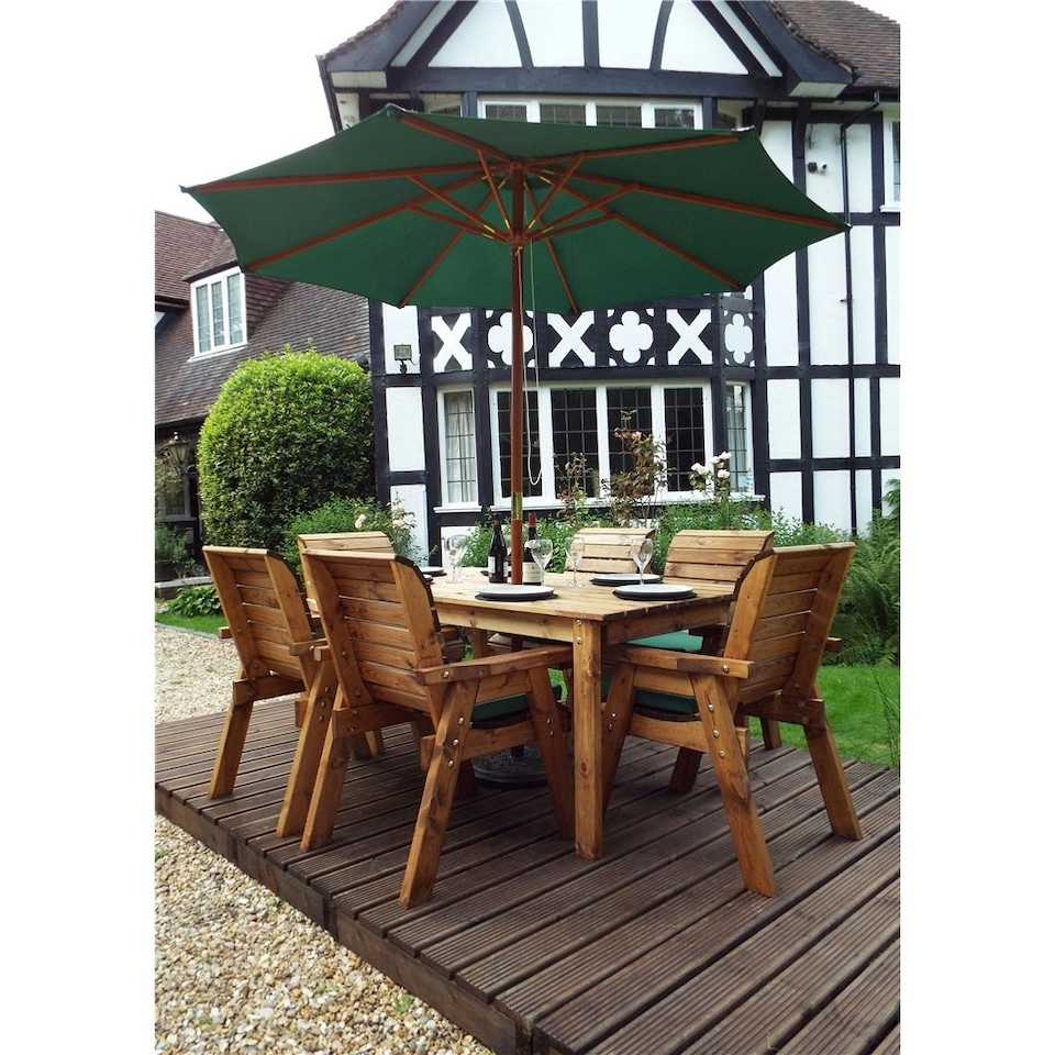 image 1 of Traditional Six Seater Rectangular Table Set With 6 x Green Chair Cushion 1 x Green Parasol & Base & Cushion Storage Bag