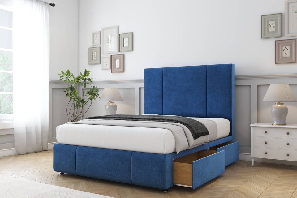 image 1 of Sloomy Lisbon Navy Plush Divan Bed With Mattress 2 Drawers Left Side With 54" Floor Standing Headboard & 12" Matching Footboard 6' Super King | Blue | Navy | Super King | 1