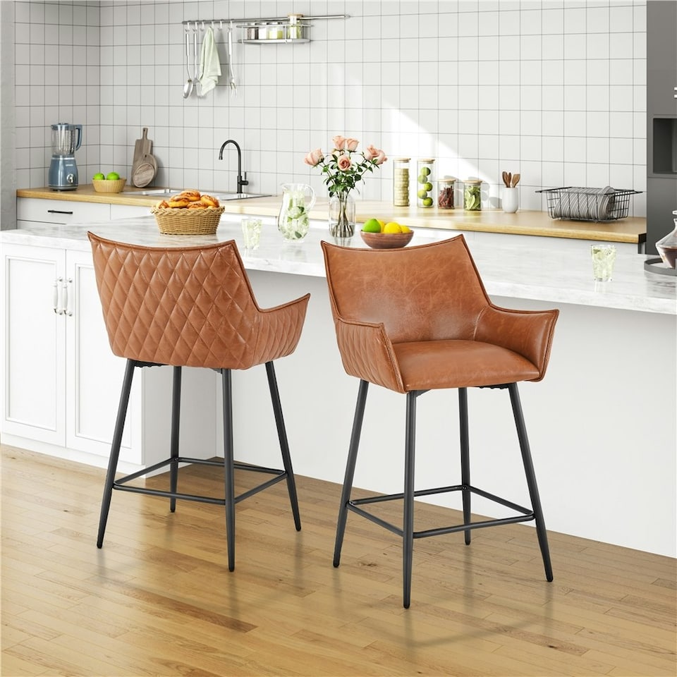 image 1 of Yaheetech Set of 2 Modern Bar Chair with Metal Legs Brown Brown