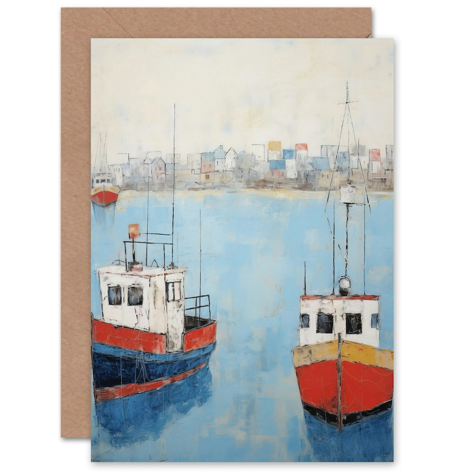 image 1 of Trawler Boats Harbour Coastal Town Oil Painting Art Card