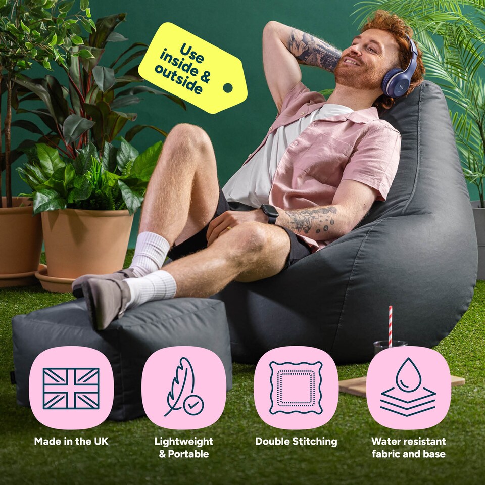 image 1 of Icon Dalton Adults High Back Indoor Outdoor Bean Bag Chair & Footstool Pouffe, Charcoal Grey