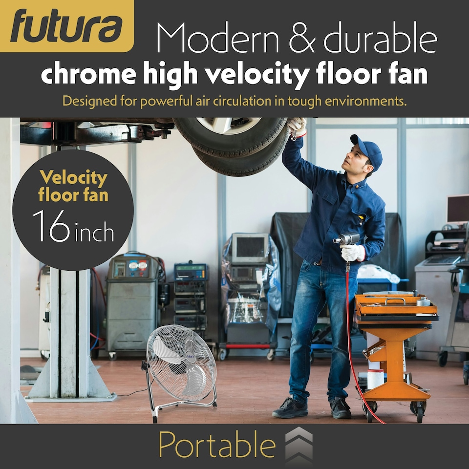 image 1 of Futura 16 Inch Chrome Floor Fan - 3 Speed Adjustable | Chrome | Polished Chrome | 16 inch | 1