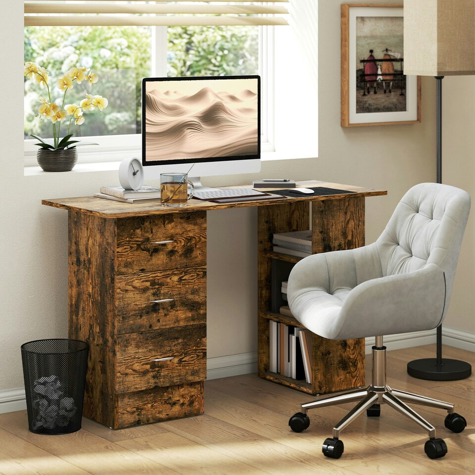 image 1 of HOMCOM 120cm Computer Desk, Study Table with 3 Shelf & Drawers, Rustic Brown | Brown | Rustic | 120W x 49D x 72H cm