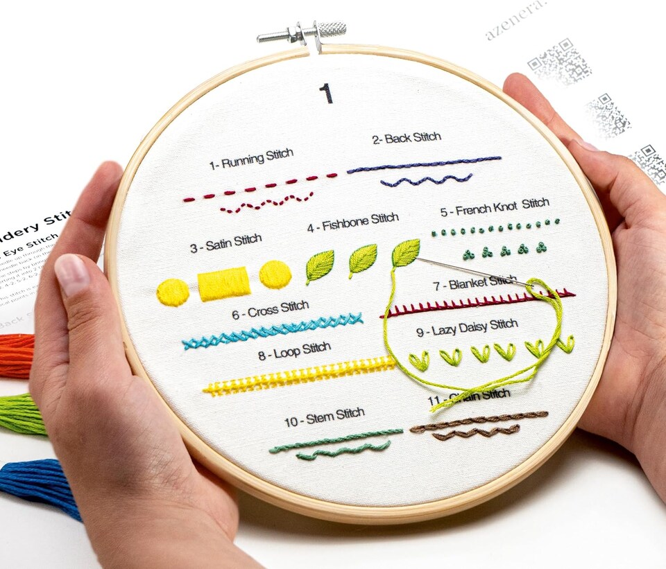 image 1 of Beginner Embroidery Kit (4 Pack) Learn 33 Stitches with Easy DIY Video Tutorials, Coloured Design Patterns, Thread Floss, Cross Stitch Hoop, Gift (AZD200)
