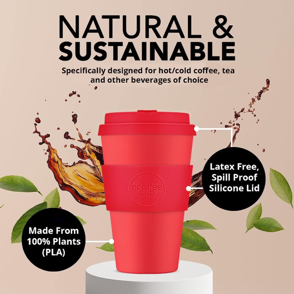 image 1 of Ecoffee Cup 14oz 400ml Reusable Eco-Friendly, Plant Based Coffee Cup with Silicone Lid & Sleeve, Meridian Gate | Red | Meridian Gate