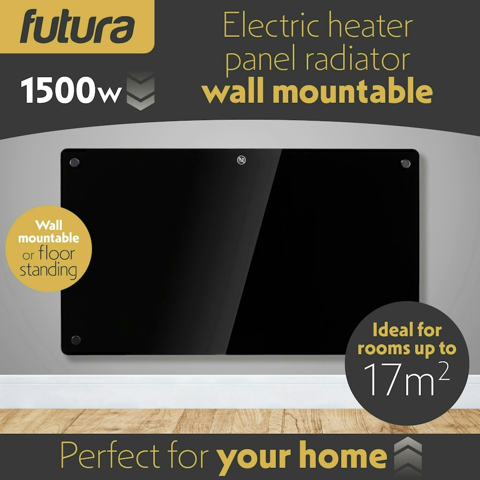 image 1 of Futura 1500W Smart Wifi Heater Electric Panel Wall Mounted Black Glass Radiator